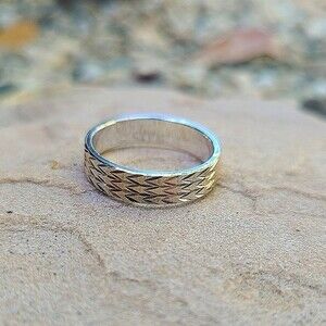 VTG 925 Sterling Silver Two Tone Etched Zig Zag Etched Ring, Size 9